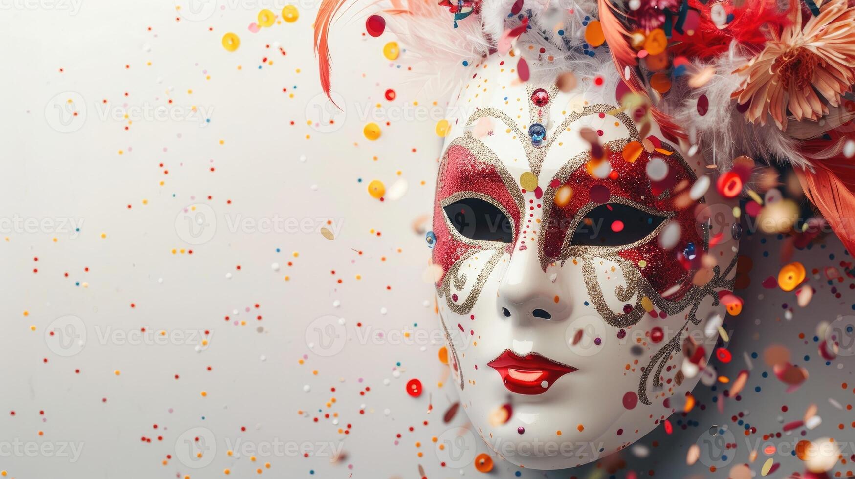 AI generated Venetian carnival mask and party confetti with copy space photo