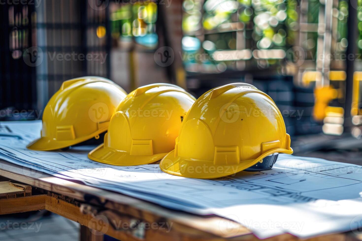AI generated Construction helmets and blueprints on the table photo