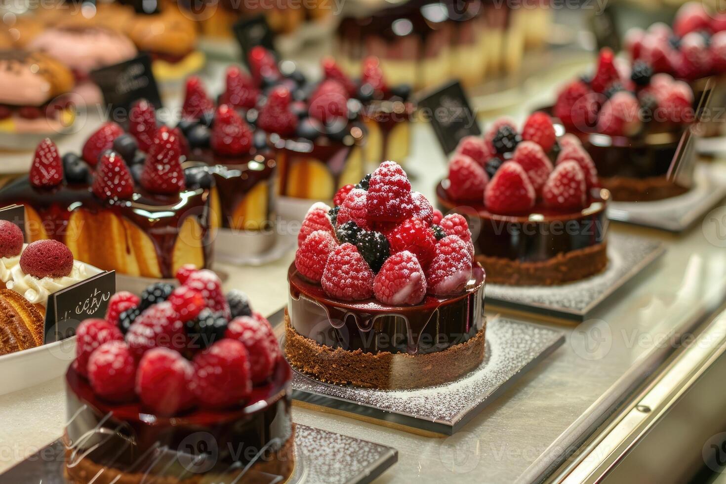 AI generated Assorted cakes in a shop window for sale photo