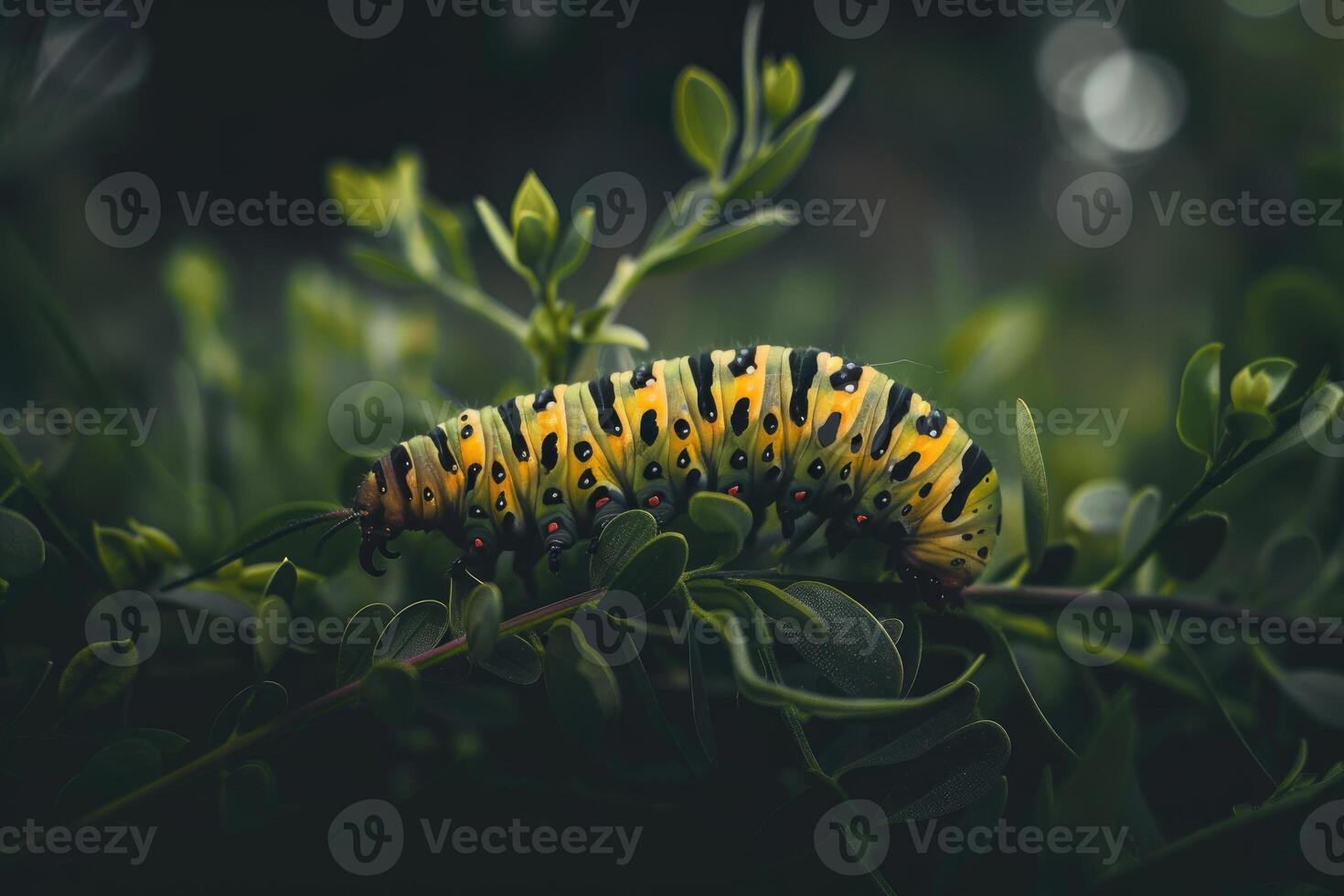 AI generated Closeup shot of a caterpillar crawling on the green plant photo