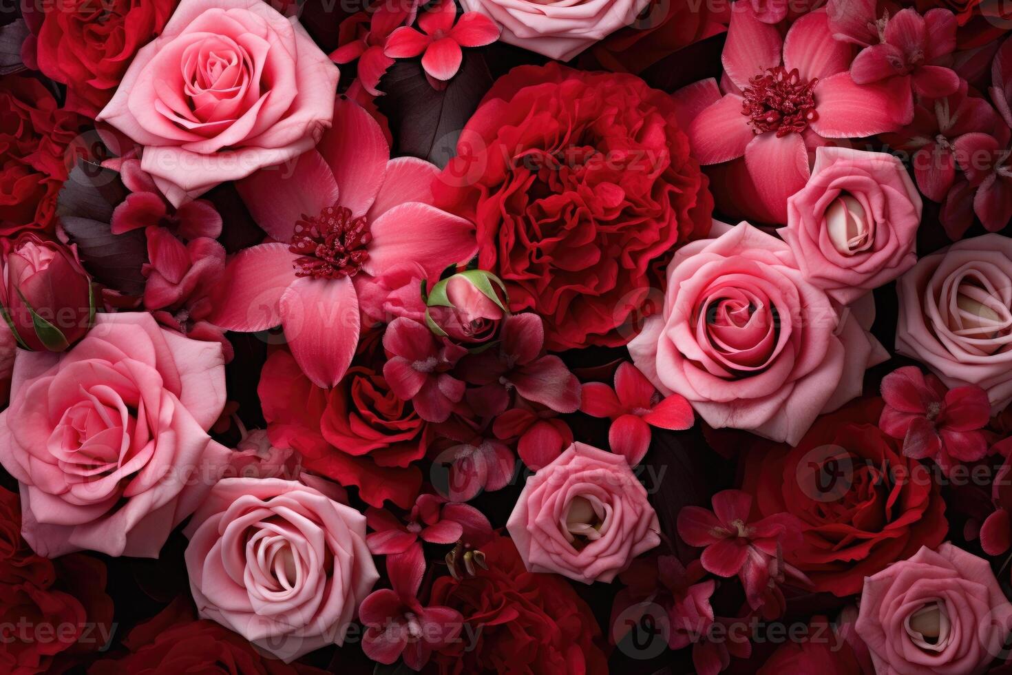 AI generated Red and pink cut flowers, floral background photo