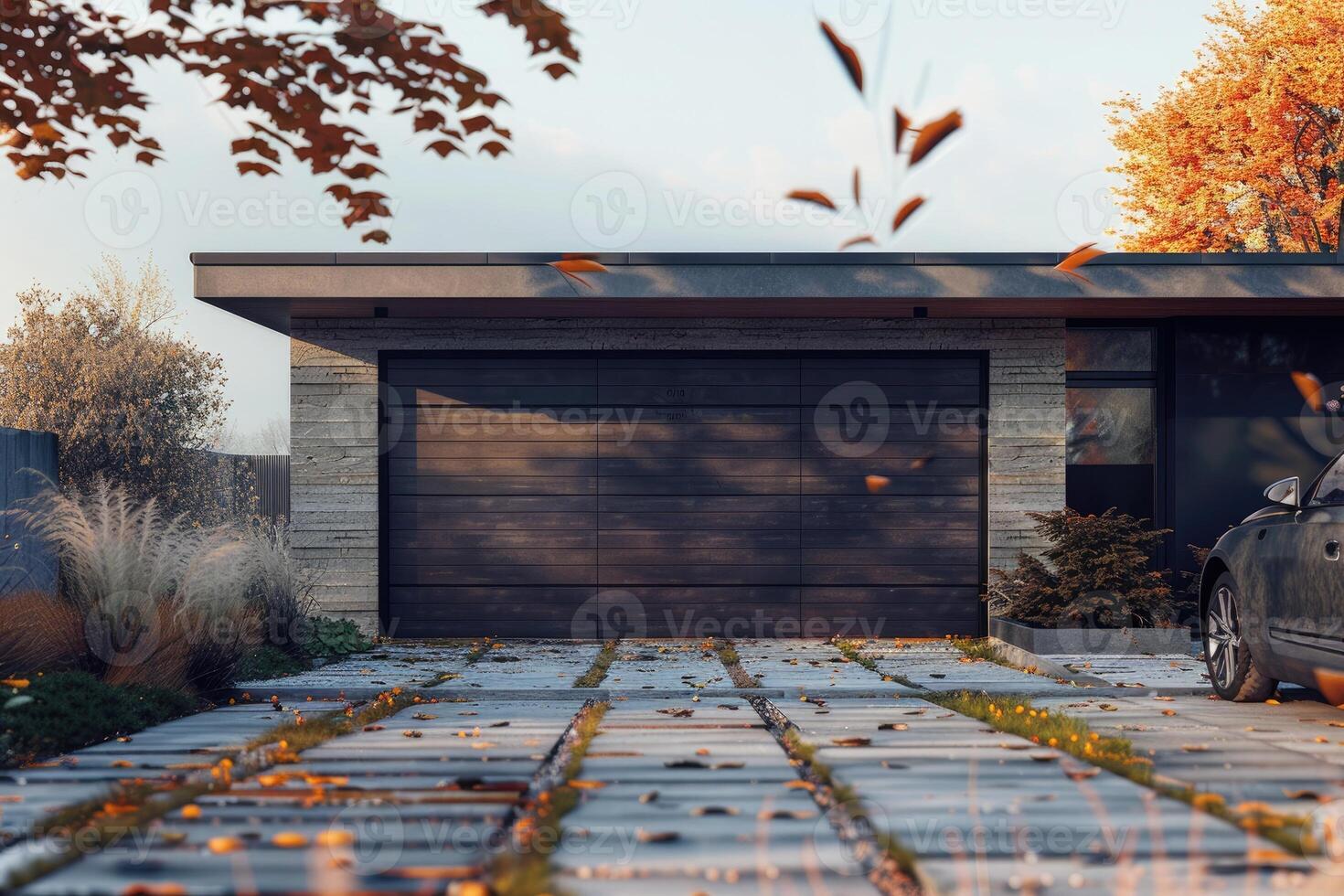 AI generated Garage door with a driveway in front. photo