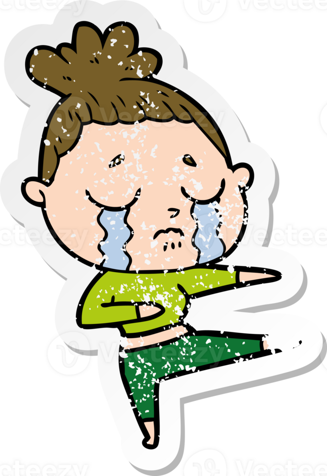 distressed sticker of a cartoon crying woman dancing png