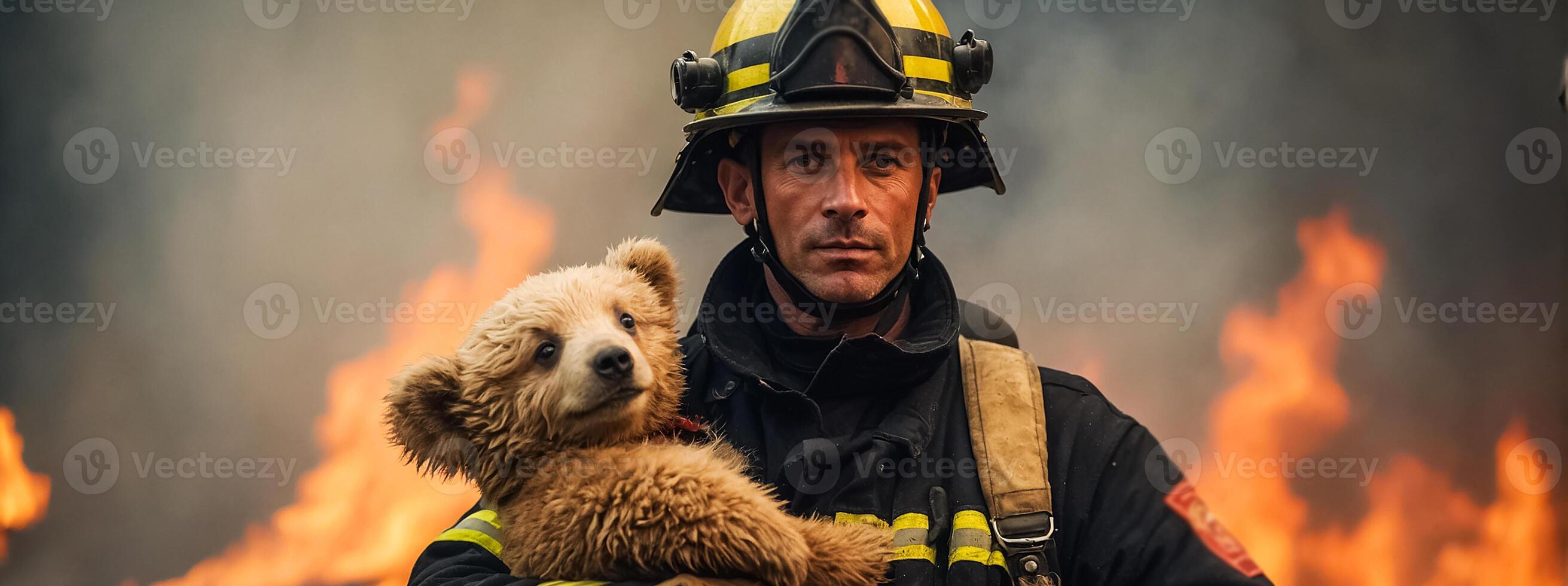 ai generado hombre bombero sostiene un rescatado pequeño osito de peluche oso en su brazos fauna silvestre foto