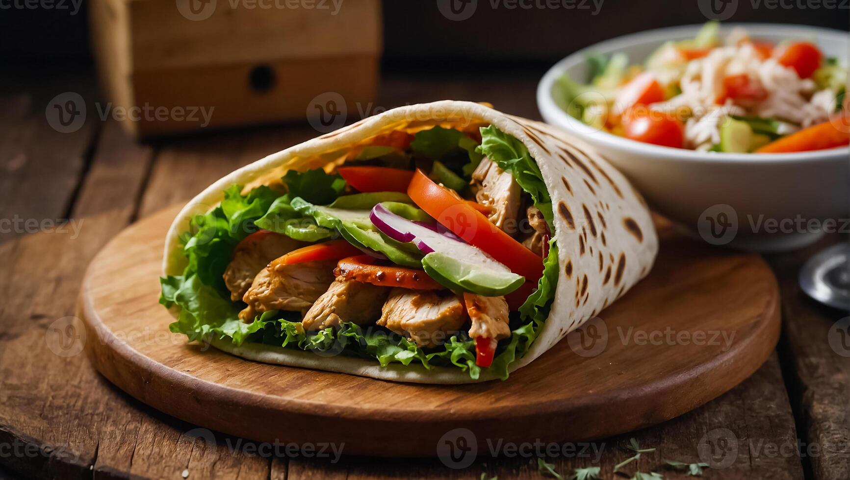 AI generated Delicious shawarma with chicken and vegetables in the kitchen photo