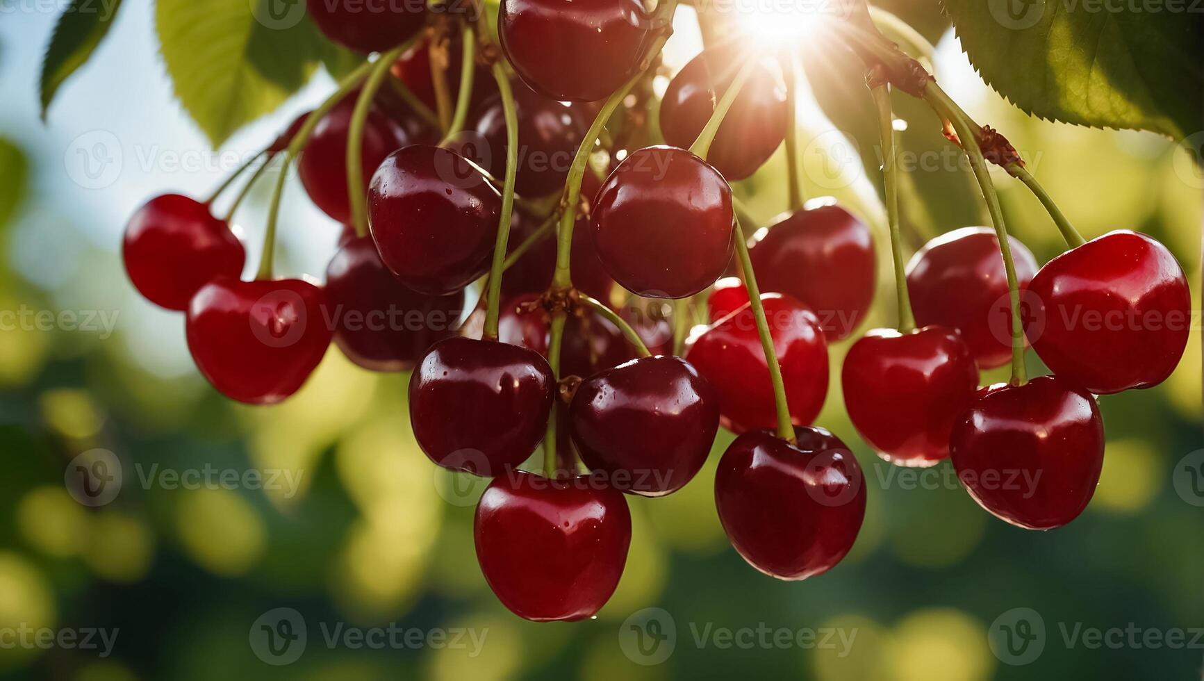 AI generated ripe cherries on a branch photo
