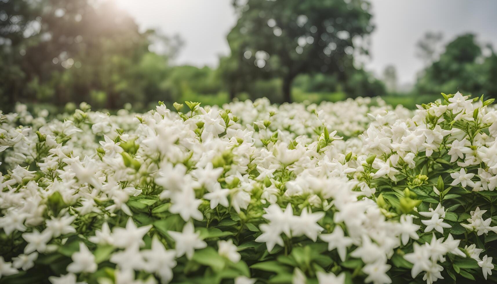 ai generado blanco flores en un campo con arboles en el antecedentes foto