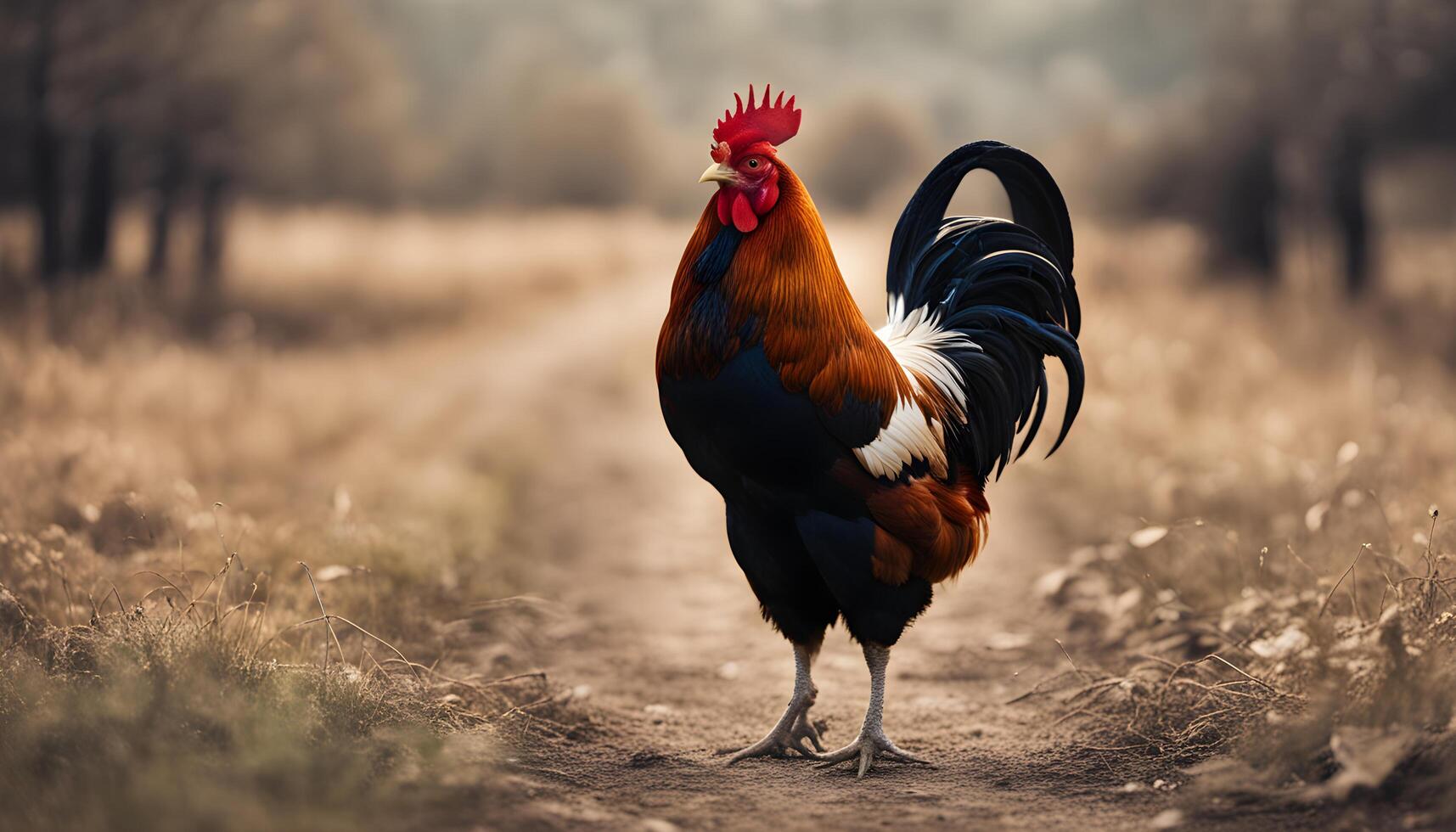 AI generated a rooster is standing on a dirt road photo