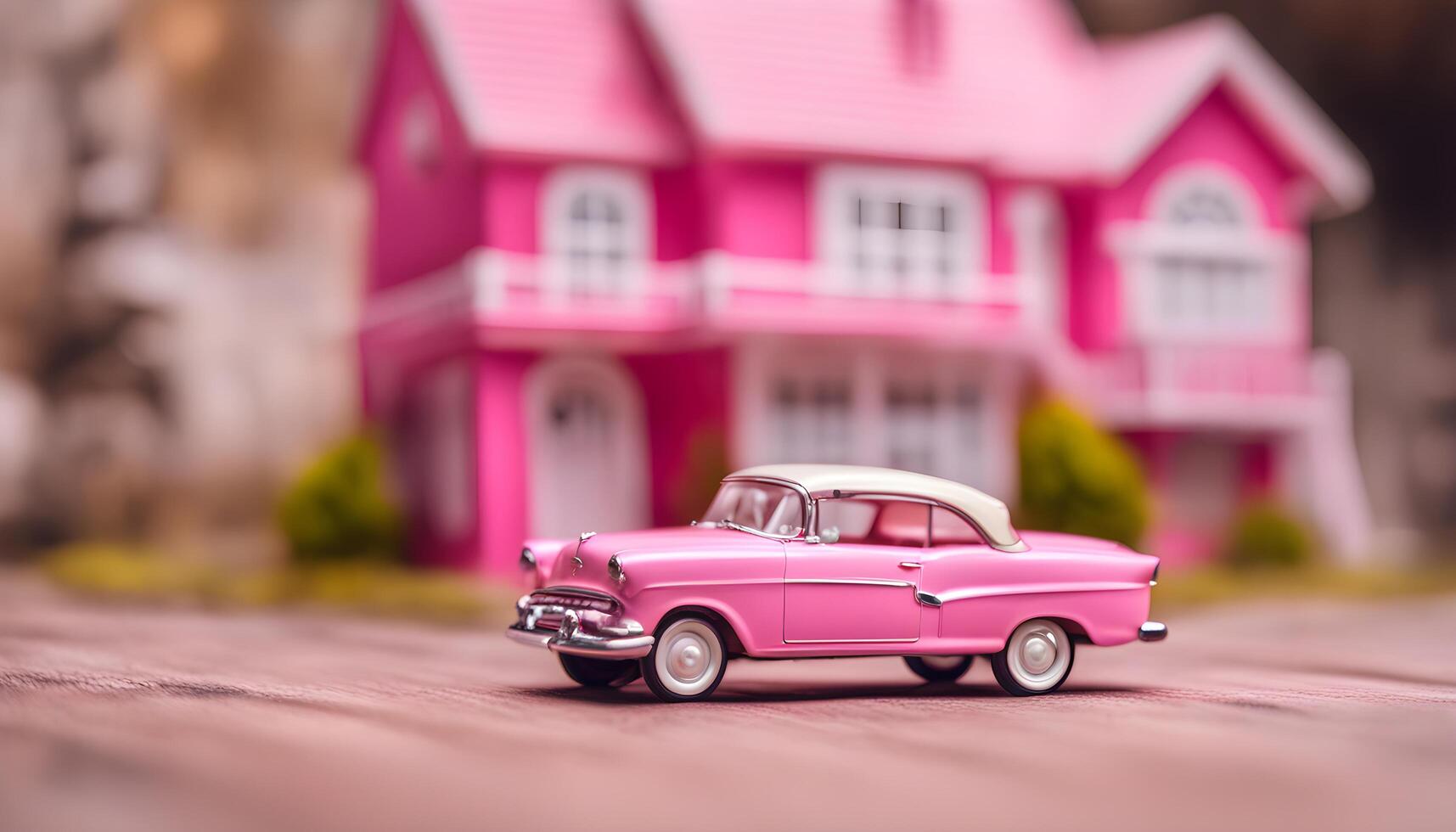 AI generated a pink toy car is sitting in front of a pink house photo