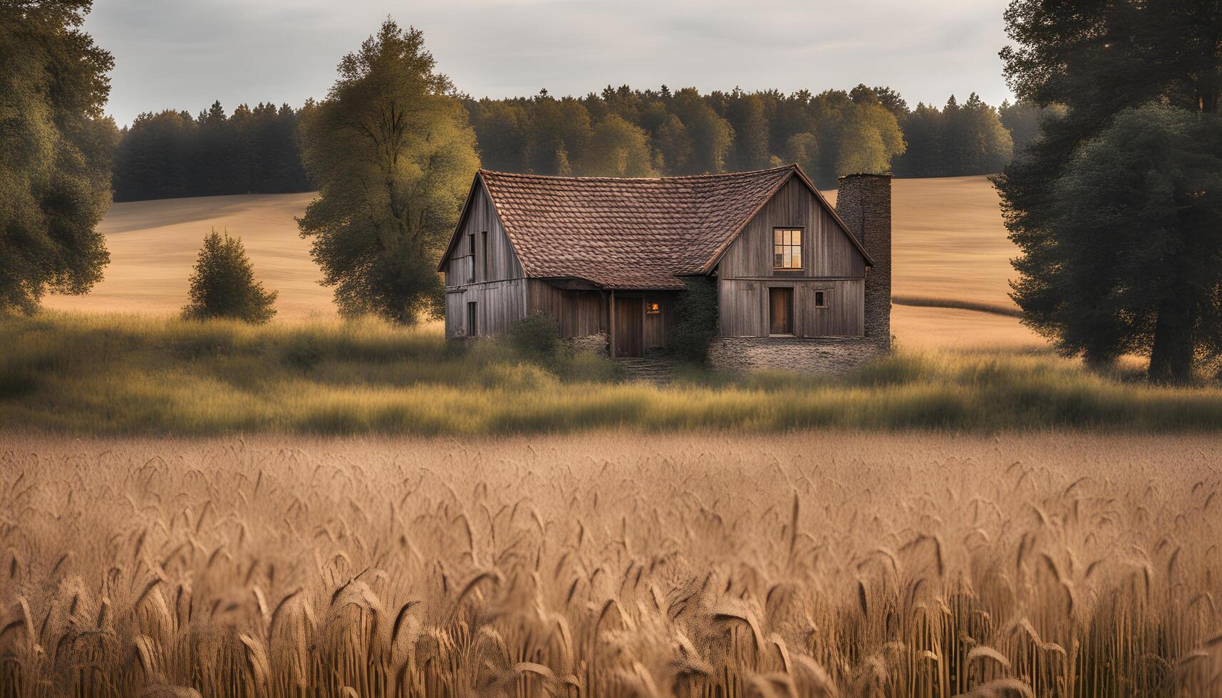 AI generated an old house in a field of wheat photo