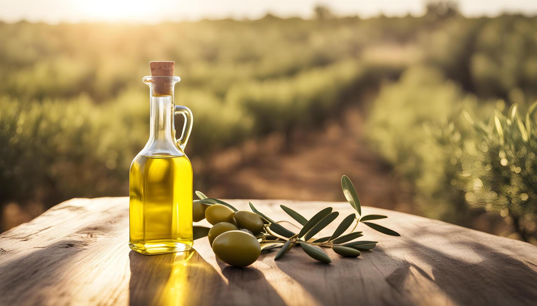 AI generated olive oil and olive oil bottle on a wooden table in a field with olive trees photo