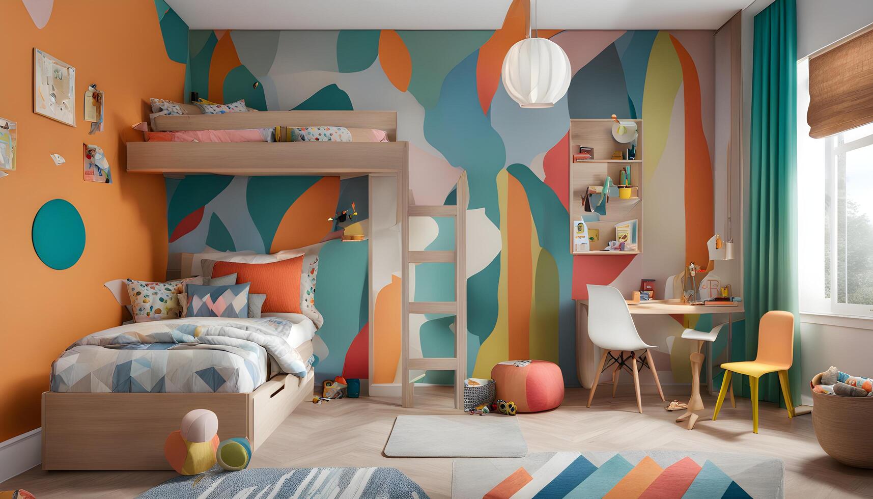 AI generated a colorful bedroom with a bunk bed, desk and chair photo