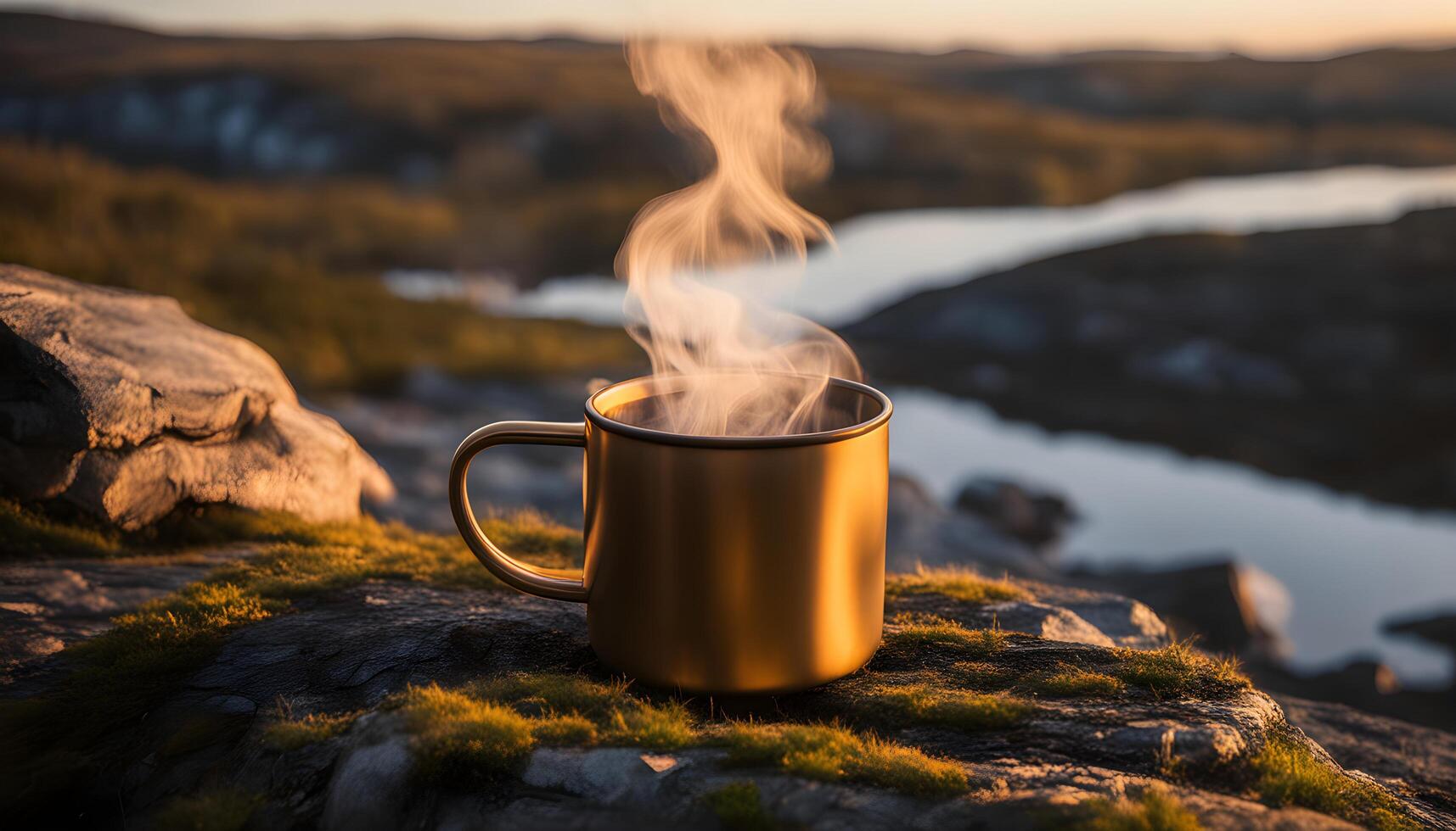 ai generado un café taza en parte superior de un montaña con vapor creciente foto