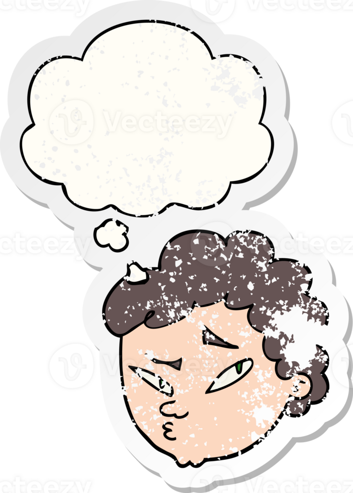 cartoon suspicious man with thought bubble as a distressed worn sticker png
