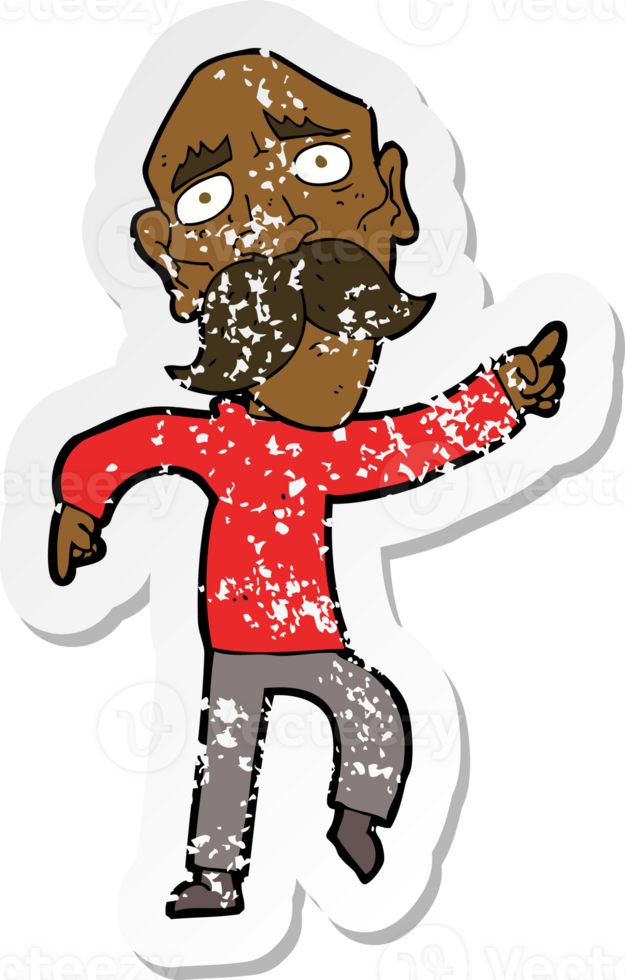 retro distressed sticker of a cartoon sad old man pointing png