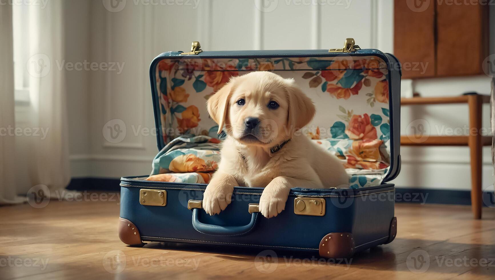AI generated Cute dog with a suitcase in the apartment photo