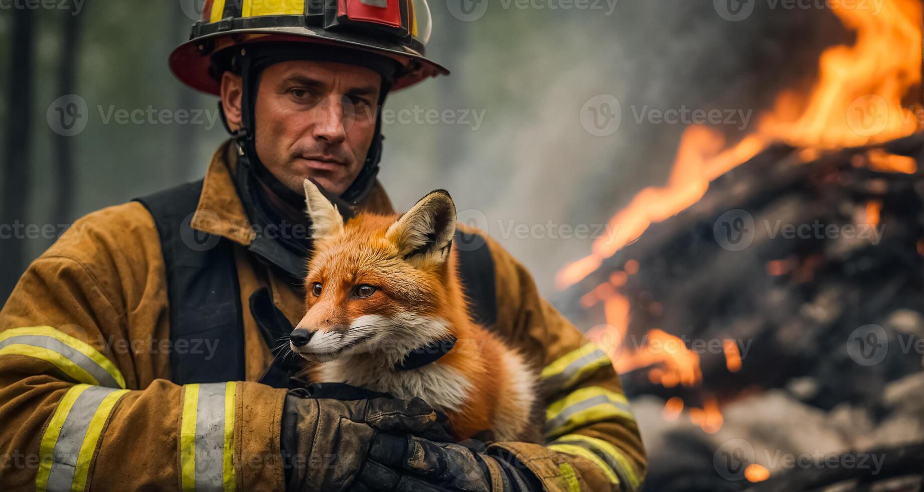 AI generated man firefighter holds a rescued fox in her arms wildlife photo