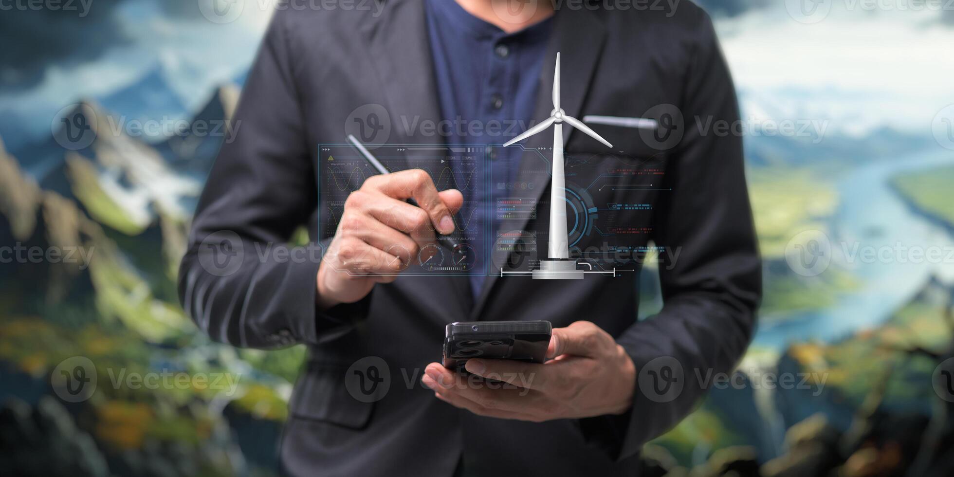 hologram screen Humans controlling the system Wind turbines produce electricity. Eco queue, clean energy from nature. photo
