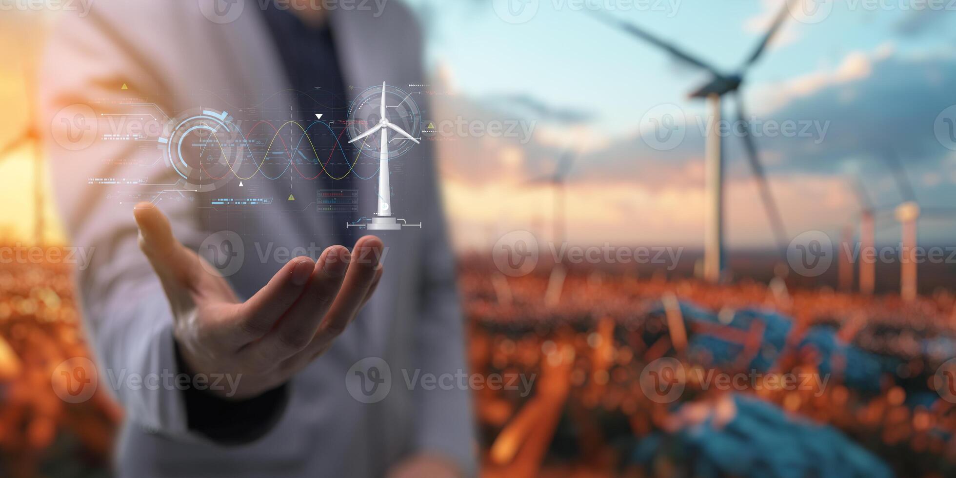 hologram screen Humans controlling the system Wind turbines produce electricity. Eco queue, clean energy from nature. photo