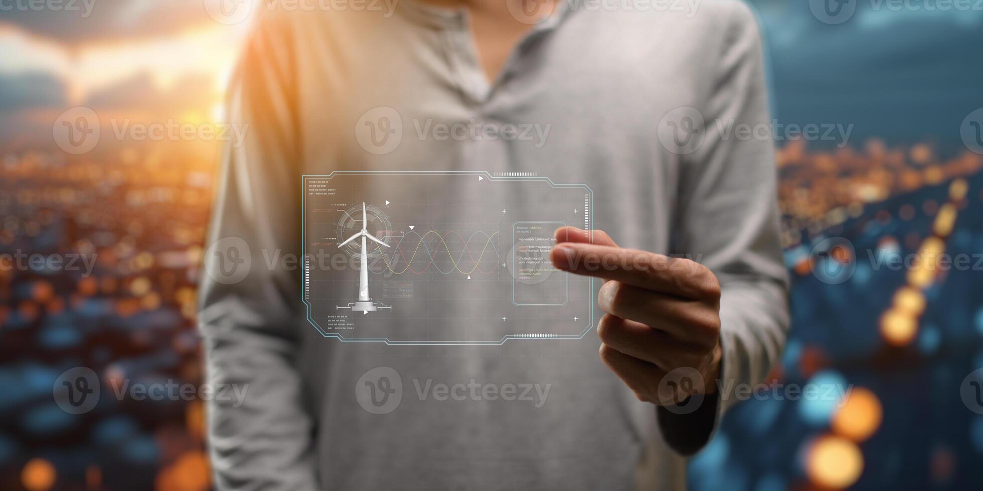 hologram screen Humans controlling the system Wind turbines produce electricity. Eco queue, clean energy from nature. photo