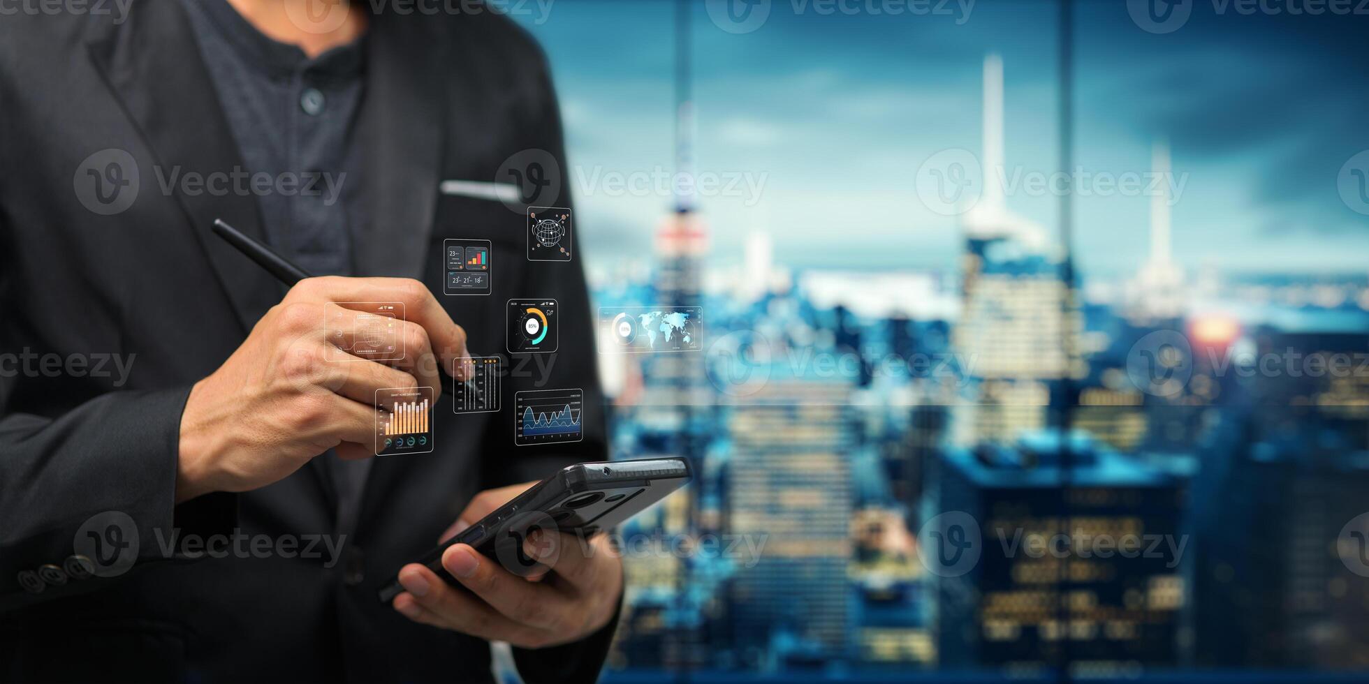 Holograms, Dashboards, Graphs, working of various technology devices. photo