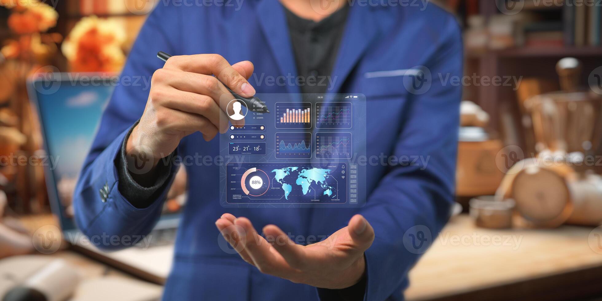 Holograms, Dashboards, Graphs, working of various technology devices. photo