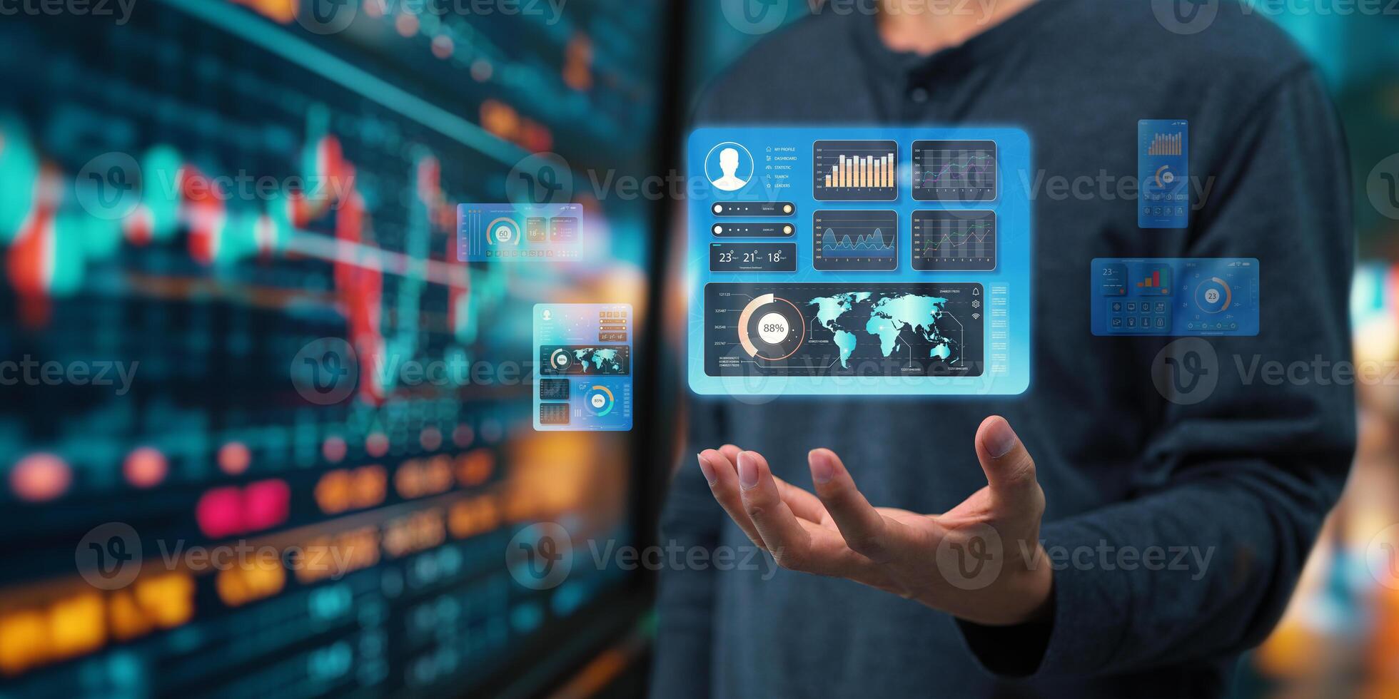 Holograms, Dashboards, Graphs, working of various technology devices. photo