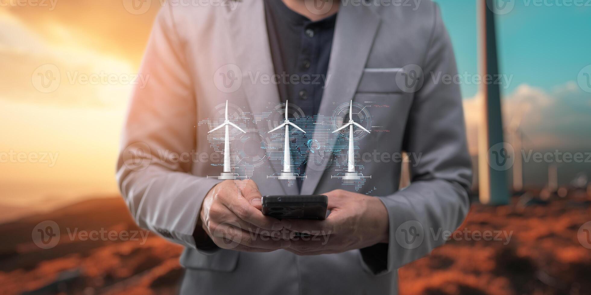 hologram screen Humans controlling the system Wind turbines produce electricity. Eco queue, clean energy from nature. photo
