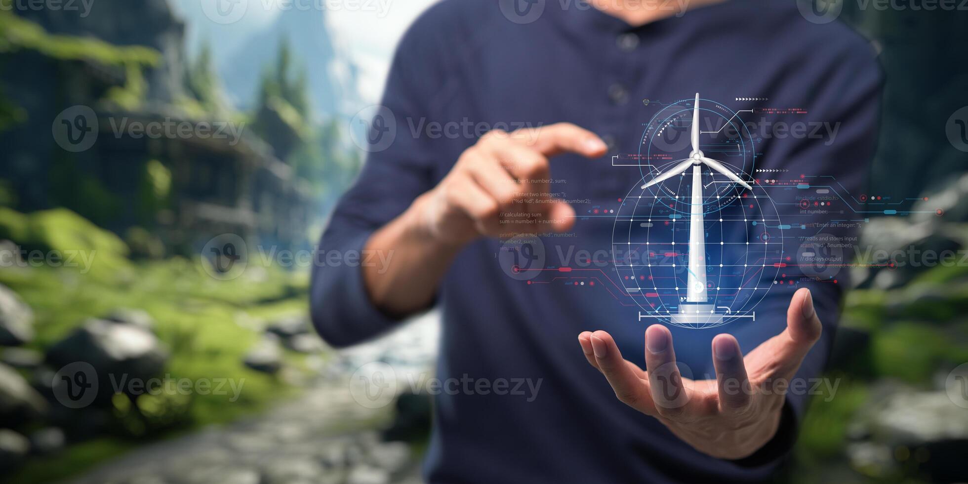 hologram screen Humans controlling the system Wind turbines produce electricity. Eco queue, clean energy from nature. photo