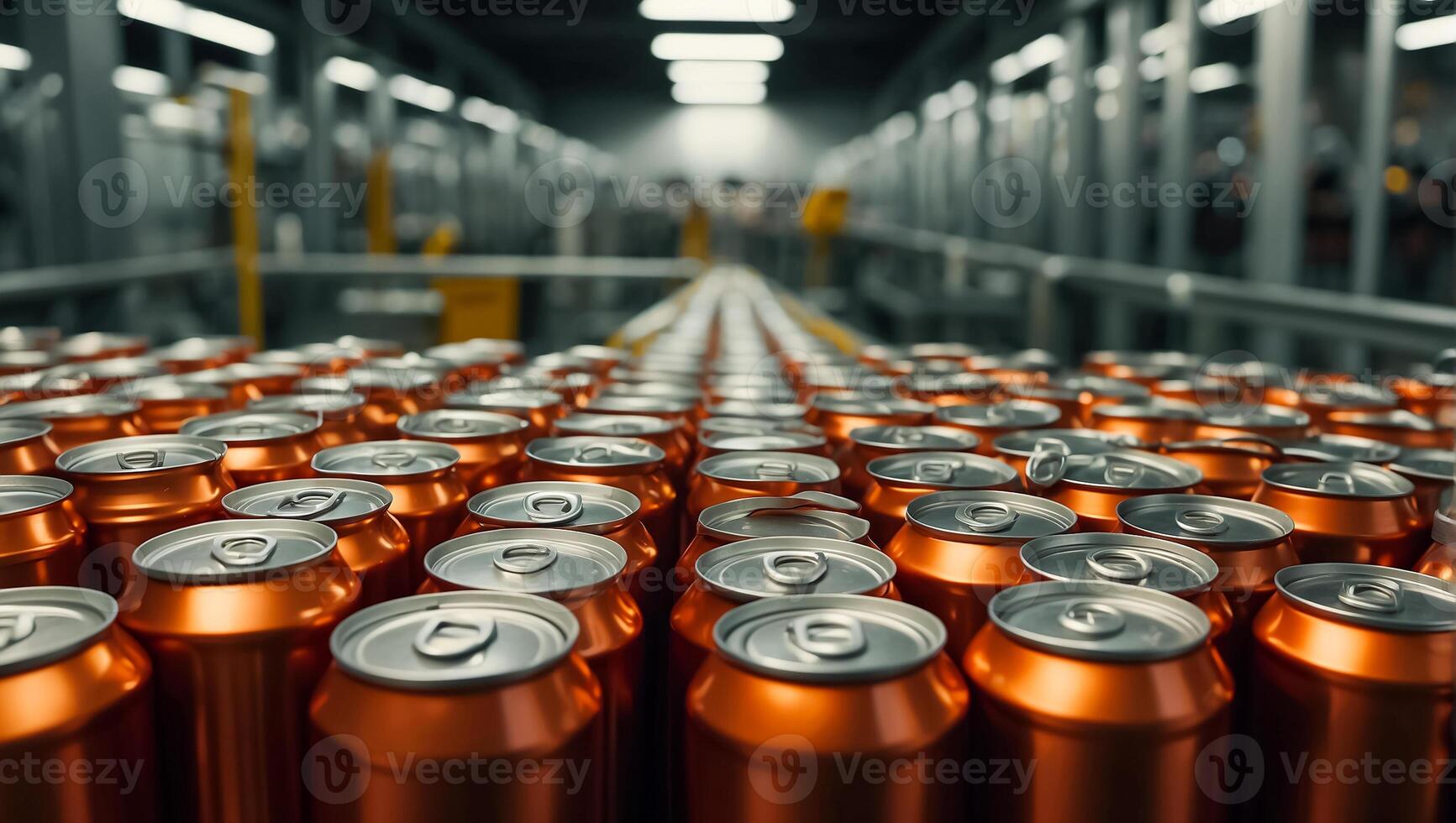 AI generated iron cans with drinks on a conveyor belt photo