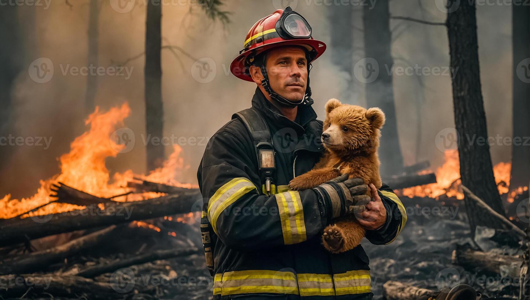 AI generated man firefighter holds a rescued small teddy bear in her arms wildlife photo