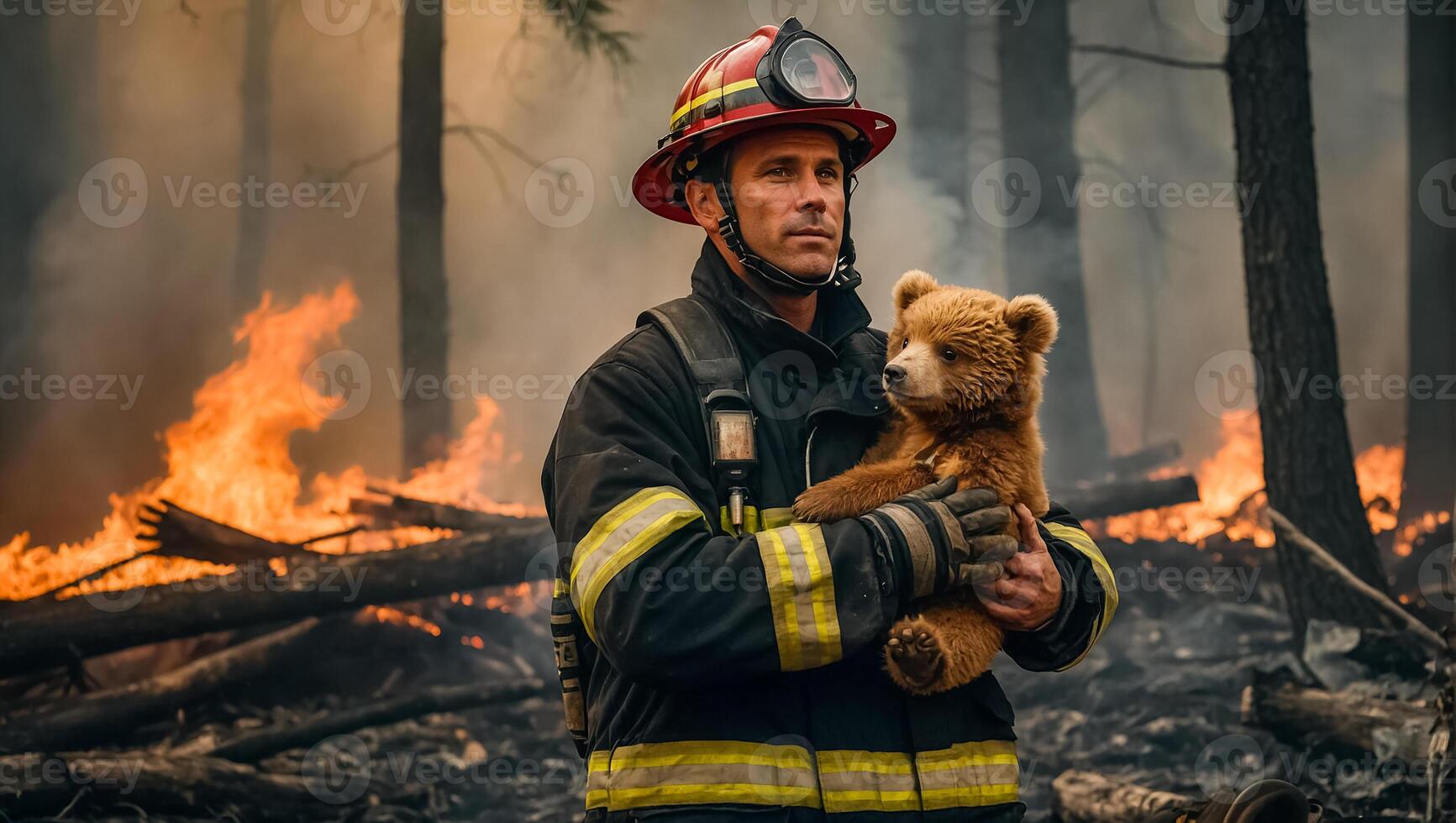 ai generado hombre bombero sostiene un rescatado pequeño osito de peluche oso en su brazos fauna silvestre foto