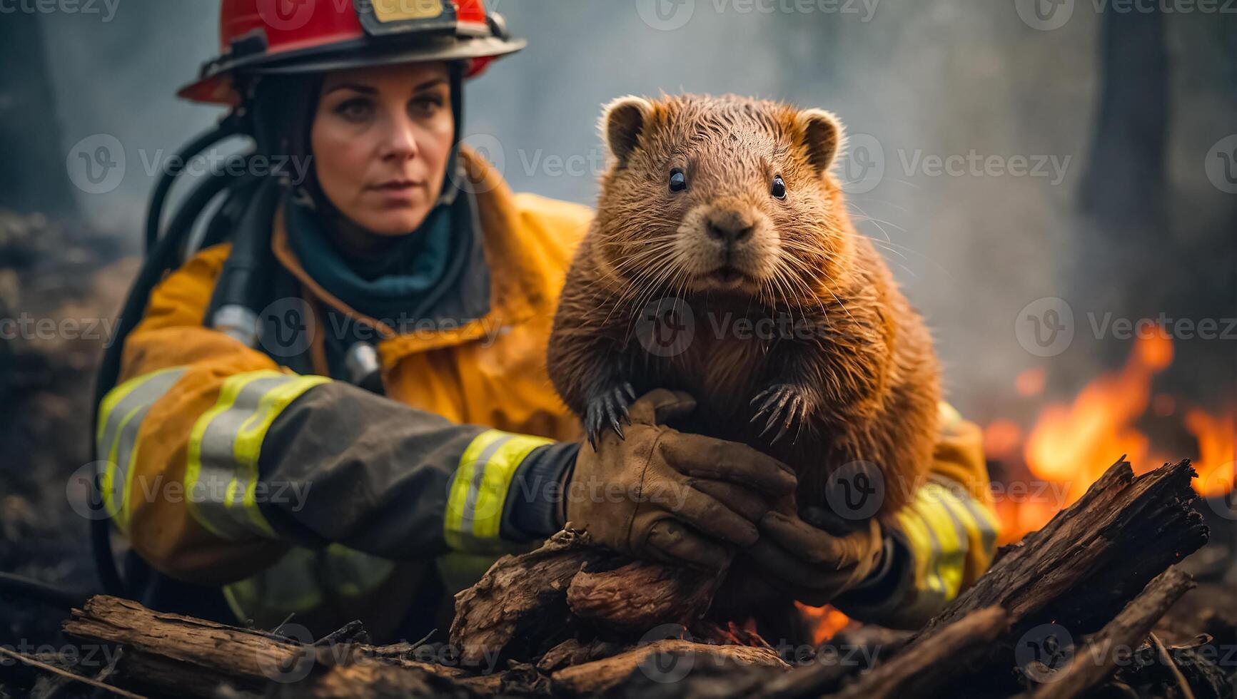 ai generado hembra bombero participación un castor en su brazos foto