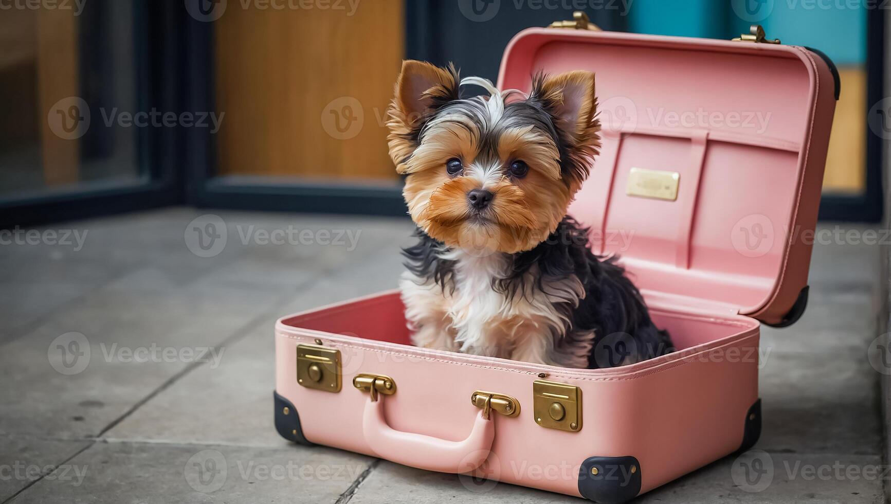 AI generated Cute dog with a suitcase in the apartment photo