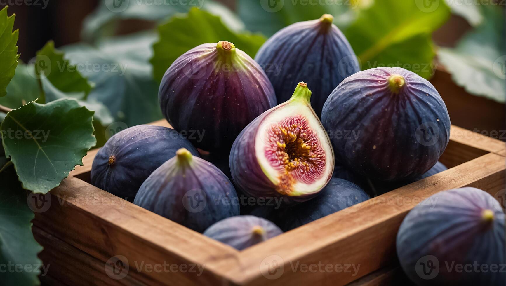 AI generated Fresh ripe figs in a wooden box in nature photo