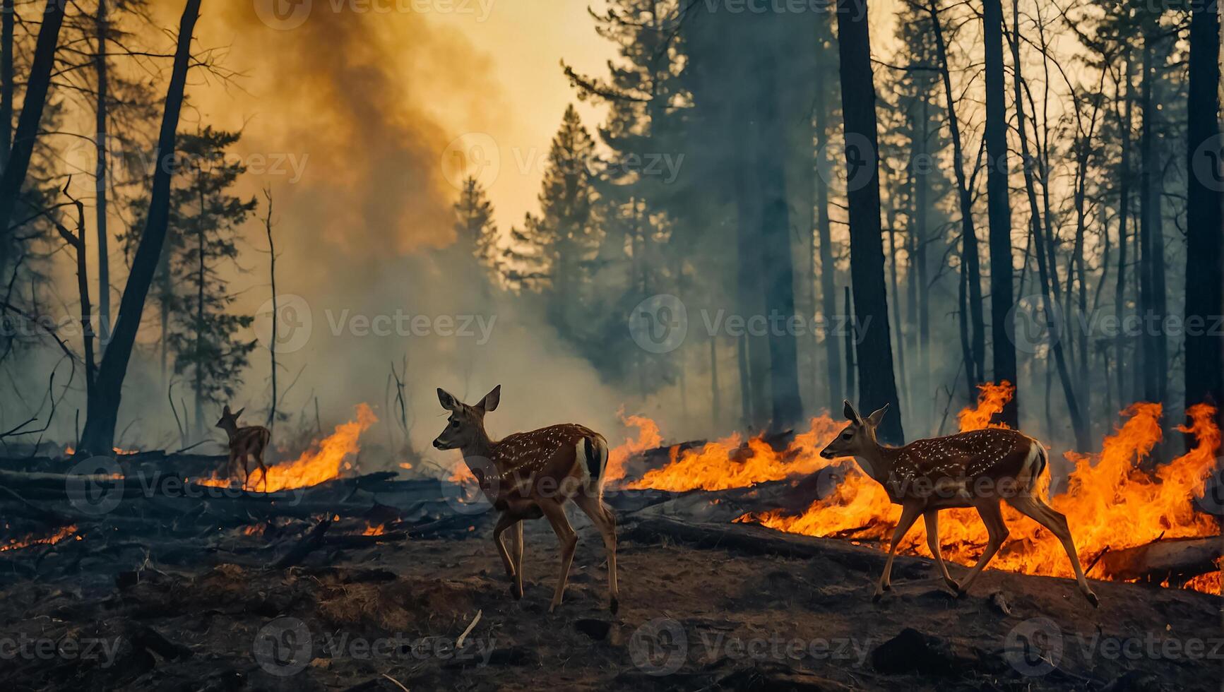 AI generated Deer forest fire, trees in smoke, flames photo