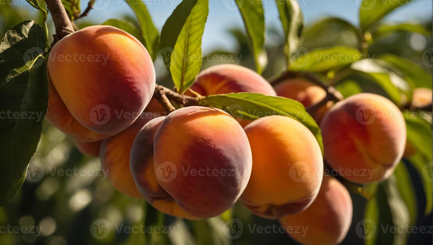 AI generated ripe peaches on a branch in the garden photo