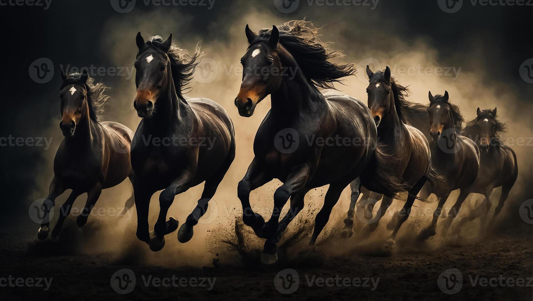 AI generated Magnificent herd of dark horses in the background photo