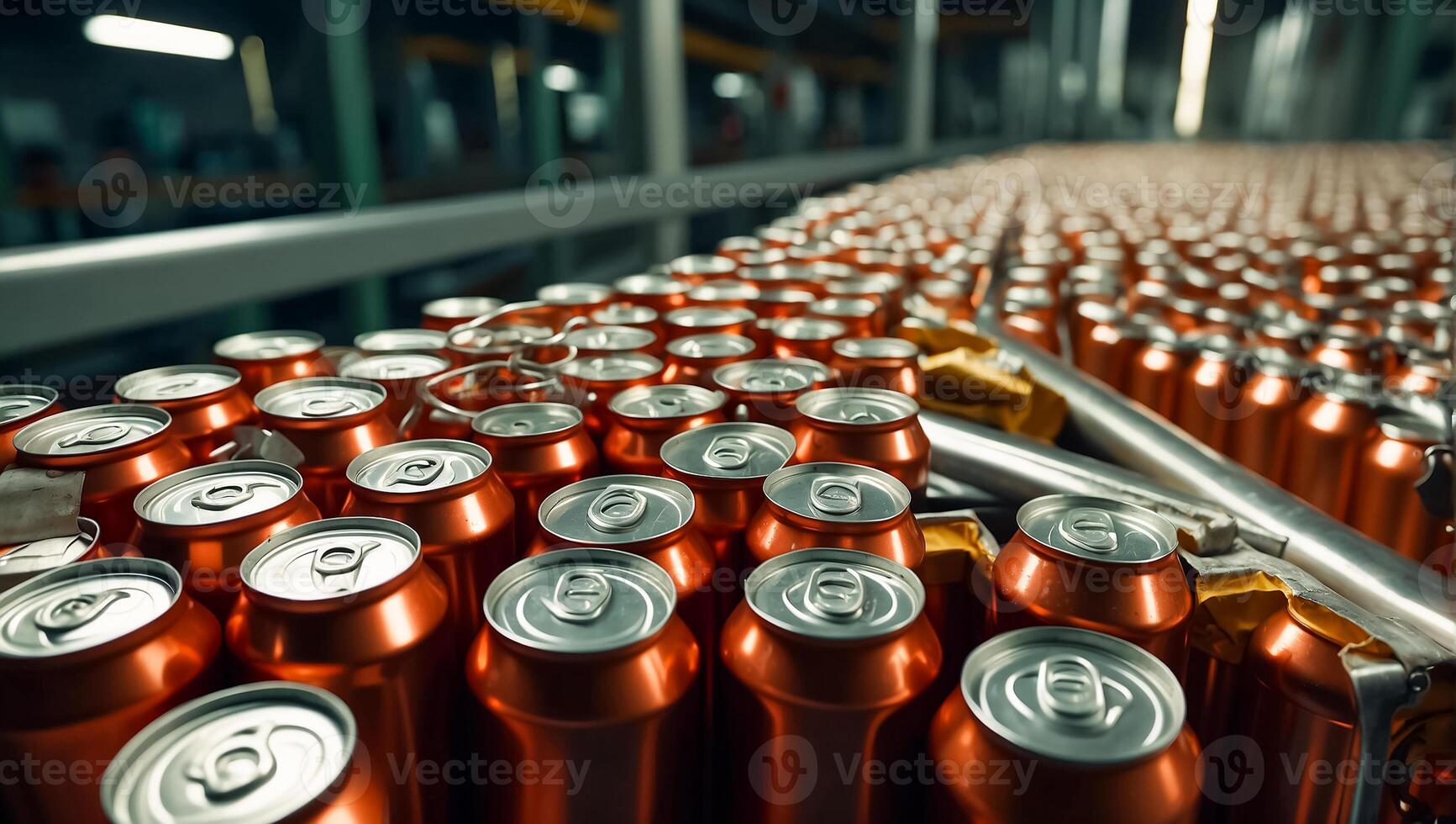 AI generated iron cans with drinks on a conveyor belt photo