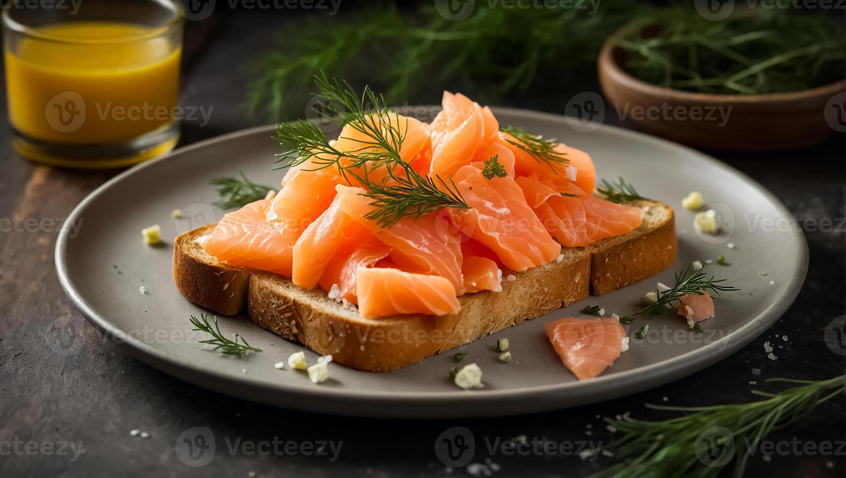 AI generated Bread with fresh salmon sliced delicious salmon on a plate photo