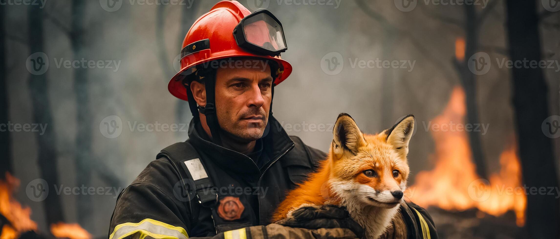 AI generated man firefighter holds a rescued fox in her arms wildlife photo