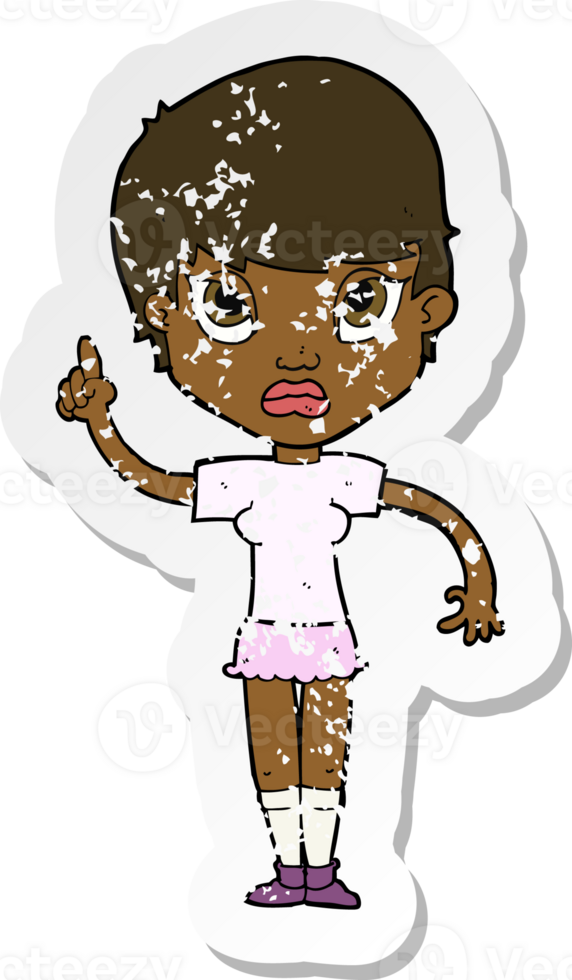 retro distressed sticker of a cartoon girl with idea png