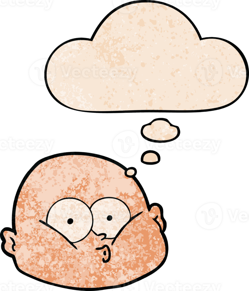 cartoon curious bald man with thought bubble in grunge texture style png