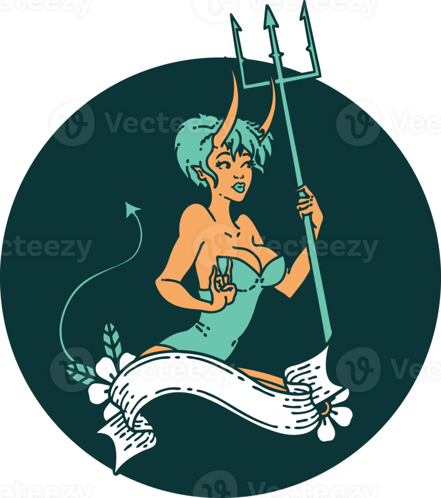 iconic tattoo style image of a pinup devil girl with banner png