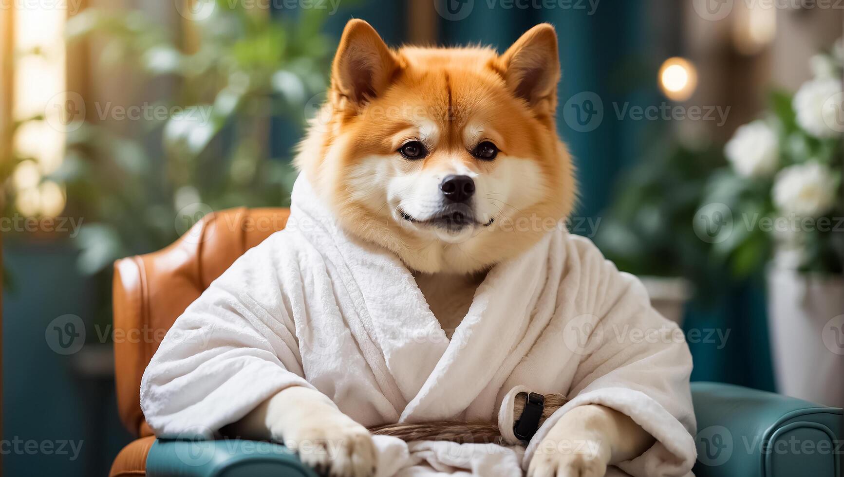 ai generado hermosa perro en un bata de baño en un spa salón descansando foto