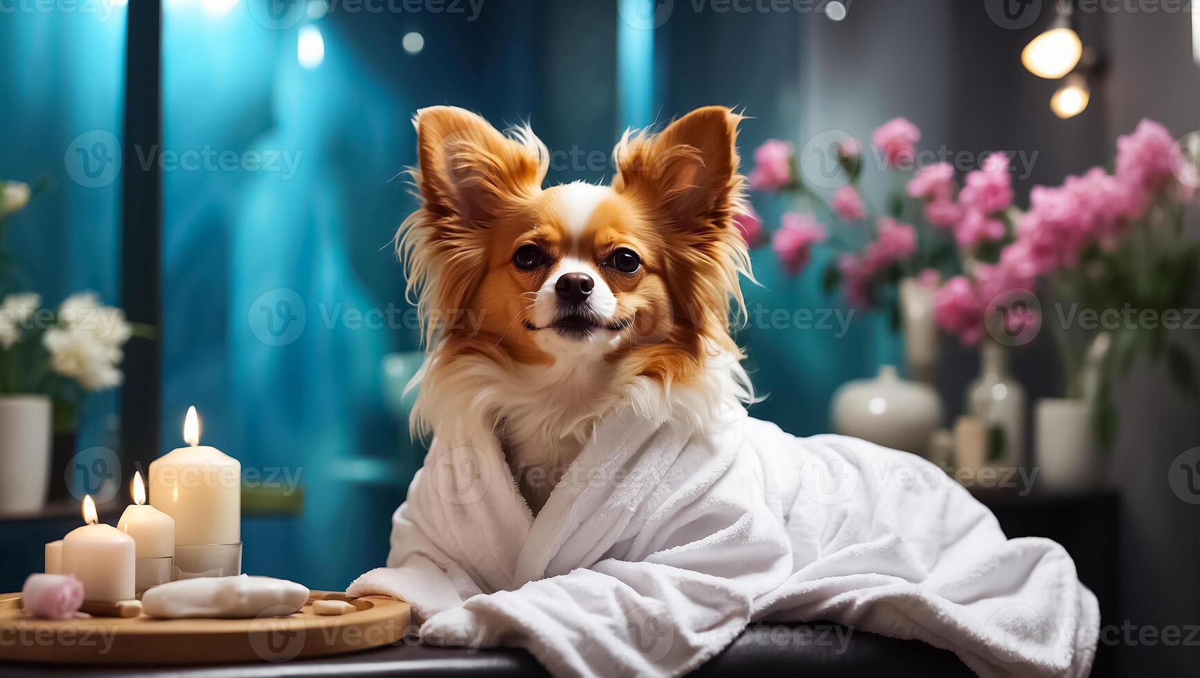 ai generado hermosa perro en un bata de baño en un spa salón descansando foto