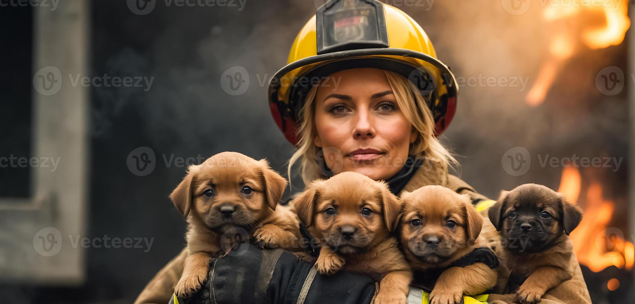 ai generado retrato de un hembra bombero participación un rescatado perrito en su brazos foto