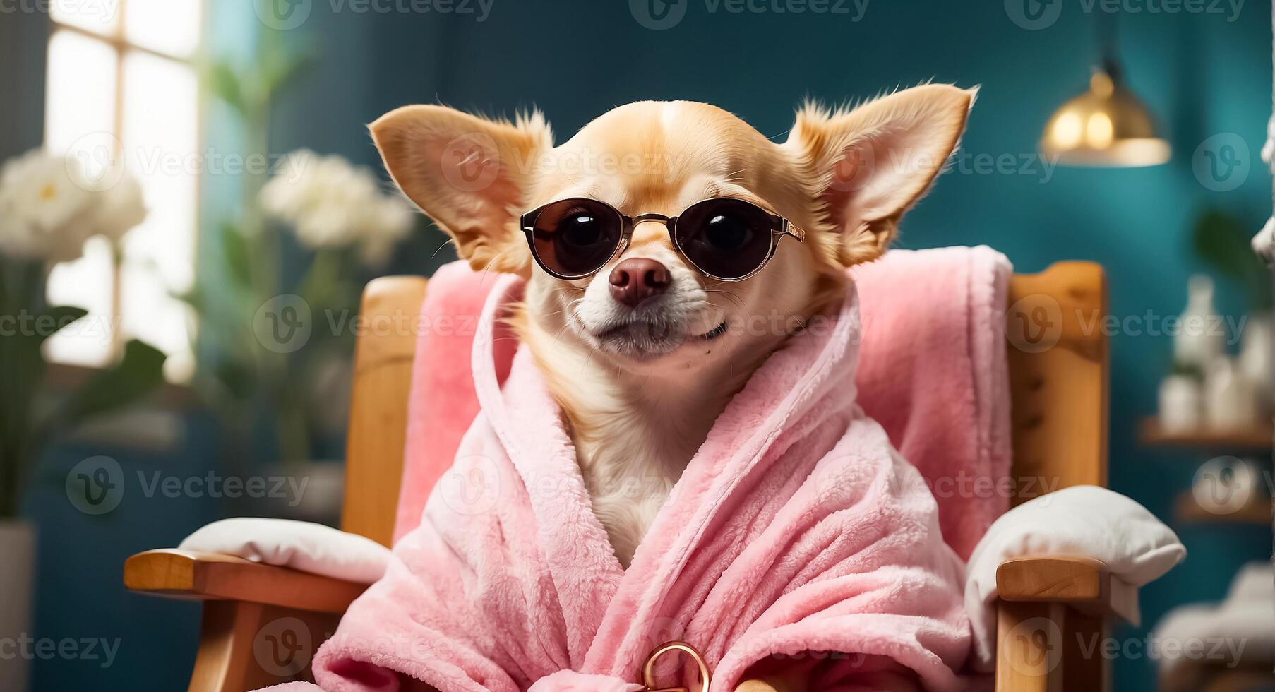 ai generado hermosa perro en un bata de baño en un spa salón descansando foto