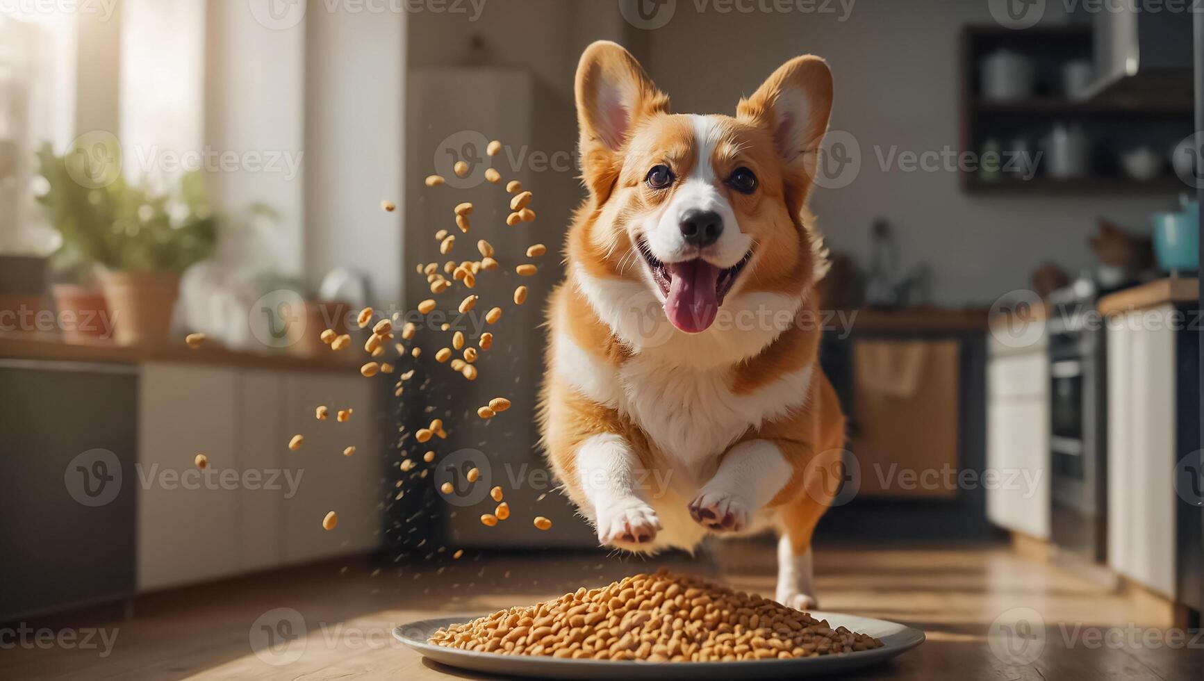 ai generado linda perro con seco comida foto