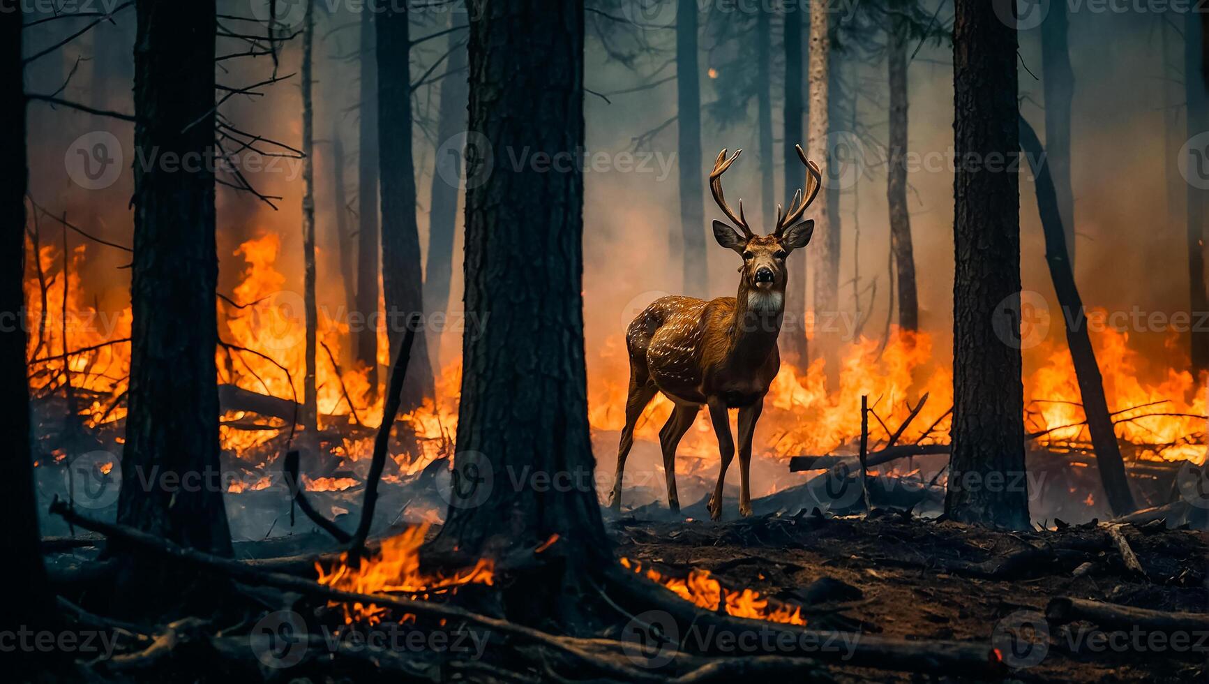 AI generated Deer forest fire, trees in smoke, flames photo